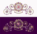Baroque border motif with swirls. Ornament made made of gold chains, pink gems