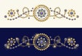 Baroque border with ornament made made of gold, silver jewelry chains, blue gems