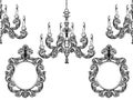 Baroque chandelier and mirror frames. Detailed rich ornament vector illustration graphic line art