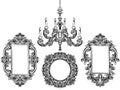 Baroque chandelier and mirror frames. Detailed rich ornament vector illustration graphic line art