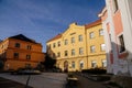 Baroque Chapel of Saint Florian and fountain with sundial, Narrow picturesque street, Church at the pedestrian zone in Kladno in