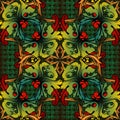 Baroque colorful seamless 3d pattern. Green textured grid background wallpaper with vintage bright flowers, scroll leaves. Damask