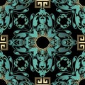 Baroque 3d vector seamless pattern. Greek key meanders round mandala. Ornamental ornate Damask background. Turquoise Royalty Free Stock Photo