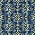 Baroque Damask gold 3d vector seamless pattern. Ornamental elegance textured blue background. Baroque Victorian style antique