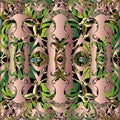 Baroque floral 3d vector seamless pattern. Green tropical leaves background. Abstract ornamental repeat backdrop. Vintage antique Royalty Free Stock Photo