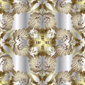 Baroque floral vintage 3d vector seamless pattern. Silver drapery ornamental background. Gold hand drawn Victorian style flowers, Royalty Free Stock Photo