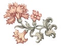Rose peony carnation flower vintage pink Baroque Victorian floral ornament frame border golden leaf scroll red pattern tattoo vect