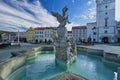 Baroque fountain in Vyskov town with City Hall tower