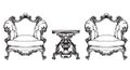 Baroque furniture armchairs and table. Royal style decotations. Victorian ornaments engraved. Imperial furniture decor. Vector