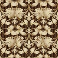 Baroque gold 3d seamless pattern. Striped textured brown background. Ornamental geometric backdrop. Floral vintage ornament in Vi Royalty Free Stock Photo