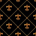 Baroque golden elements ornamental seamless pattern. Watercolor hand drawn gold element texture on black background