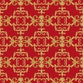 Baroque golden elements ornamental seamless pattern. Watercolor hand drawn gold element texture on red background Royalty Free Stock Photo