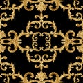 Baroque golden elements ornamental seamless pattern. Watercolor hand drawn gold element texture on black background