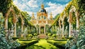 Baroque golden palace with richly ornamented garden in foreground