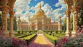 Baroque golden palace with richly ornamented garden in foreground