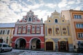 Baroque houses No. 31 and 32 in Jungmannova street Narrow picturesque street with renaissance historical buildings in winter