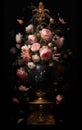Baroque Inspired Floral Still Life with Golden Vase and Ethereal Blossoms