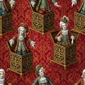 Baroque Jack-in-the-Boxes on Red Damask Fabric Royalty Free Stock Photo