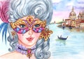 Baroque lady in a wig and carnival mask on a background of the Venetian landscape