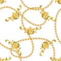 Baroque print with golden chains, golden key, pearls,  belts, baroque elments. Vector patch for print, fabric, scarf design Royalty Free Stock Photo