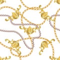 Baroque print with golden chains, golden key, pearls,  belts, baroque elments. Vector patch for print, fabric, scarf design Royalty Free Stock Photo