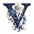 Baroque Realism: Blue Letter V With Floral Designs - Renaissance Clipart