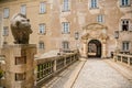 Baroque romantic castle Nove mesto nad Metuji, renaissance chateau, stone bridge and carved lanterns, arched portal entrance,