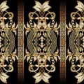 Baroque seamless 3d borders pattern. Vector damask background wallpaper with vintage gold flowers, scroll leaves. Meander greek