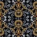 Baroque seamless pattern. Black vector damask background wallpaper with vintage gold silver flowers, scroll leaves, meanders and Royalty Free Stock Photo