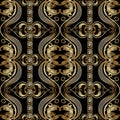 Baroque seamless pattern. Black vector damask background wallpaper with vintage gold 3d flowers, scroll leaves, meander borders Royalty Free Stock Photo
