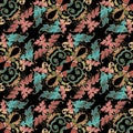 Baroque seamless pattern. Black vector damask background wallpaper with vintage colorful flowers, scroll leaves, dots. Line art Royalty Free Stock Photo