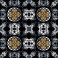 Baroque seamless pattern. Black vector damask background wallpaper with vintage gold silver flowers, scroll leaves, meanders and Royalty Free Stock Photo