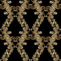 Baroque seamless pattern. Floral vector black background wallpaper illustration with vintage gold damask flowers, swirl scroll le Royalty Free Stock Photo