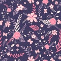 Baroque seamless pattern with pink and violet flowers and leaves. Repeat background with floral motifs, butterflies and plants. Royalty Free Stock Photo
