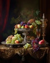 Baroque still life with grapes, peaches and ornate silverware on velvet table Royalty Free Stock Photo