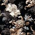 Baroque Still Life: Ornate Floral Pattern In White, Gold, And Black