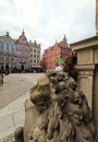 Baroque stone lion holding the city coat of arms in Long Lane or Dluga Street, Gdansk, Poland Royalty Free Stock Photo