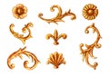 Baroque style elements. Watercolor hand drawn vintage engraving floral scroll filigree frame design set