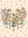 Baroque style floral illustration with vibrant colors and pearls