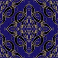 Baroque style ornate vector seamless pattern. Floral ornamental Damask dark blue background. Hand drawn vintage luxury ornament Royalty Free Stock Photo