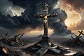 Baroque-Style Painting of a Christian Cross Standing Unscathed Atop the Remnants of a Shattered Landscape