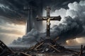 Baroque-Style Painting of a Christian Cross Standing Unscathed Atop the Remnants of a Shattered Landscape Royalty Free Stock Photo
