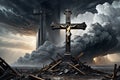 Baroque-Style Painting of a Christian Cross Standing Unscathed Atop the Remnants of a Shattered Landscape