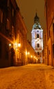 Baroque tower of church in Poznan by night