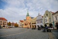 Baroque town hall with clock tower at main Peace square of historic medieval royal town Melnik, colorful renaissance houses in Royalty Free Stock Photo