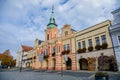 Baroque town hall with clock tower at main Peace square of historic medieval royal town Melnik, colorful renaissance houses in Royalty Free Stock Photo