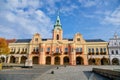 Baroque town hall with clock tower at main Peace square of historic medieval royal town Melnik, colorful renaissance houses in Royalty Free Stock Photo