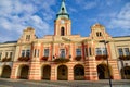 Baroque town hall with clock tower at main Peace square of historic medieval royal town Melnik, colorful renaissance houses in Royalty Free Stock Photo