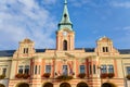 Baroque town hall at main Peace square of historic medieval royal town Melnik in sunny autumn day, forged balcony with flags and Royalty Free Stock Photo