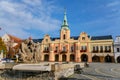 Baroque town hall and modern fountain at main Peace square of historic medieval royal town Melnik, colorful renaissance houses in Royalty Free Stock Photo